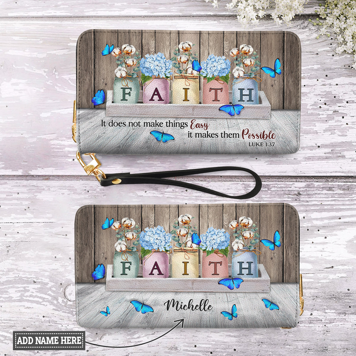 Faith Luke 1:37 Butterfly Zip Around Leather Wallet