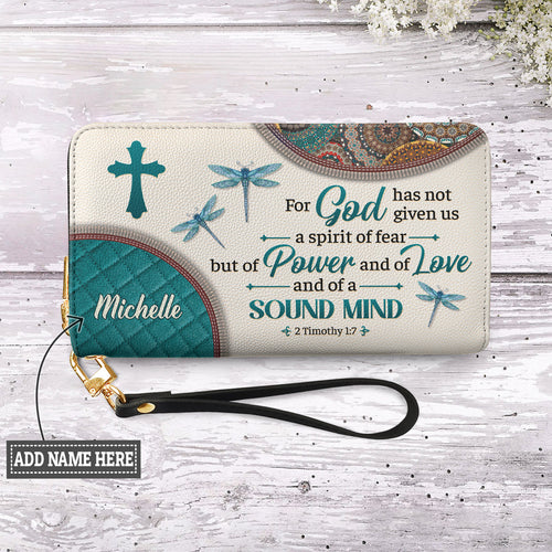 2 Timothy 1:7 Dragonfly Mandala Leather Wallet