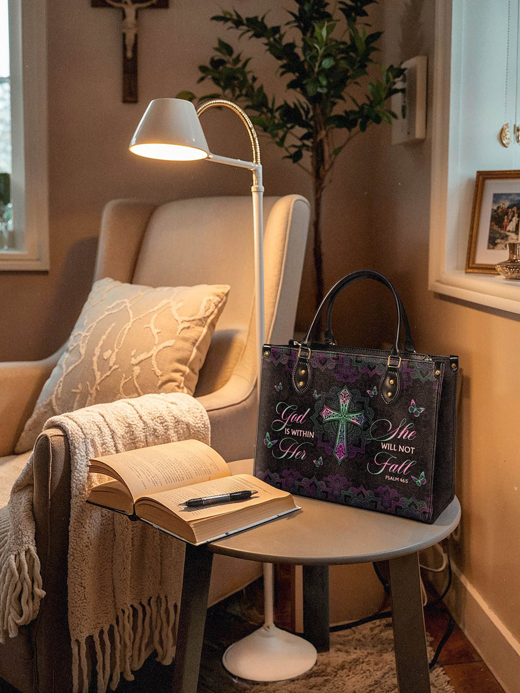Unshaken Psalm 46:5 Leather Handbag