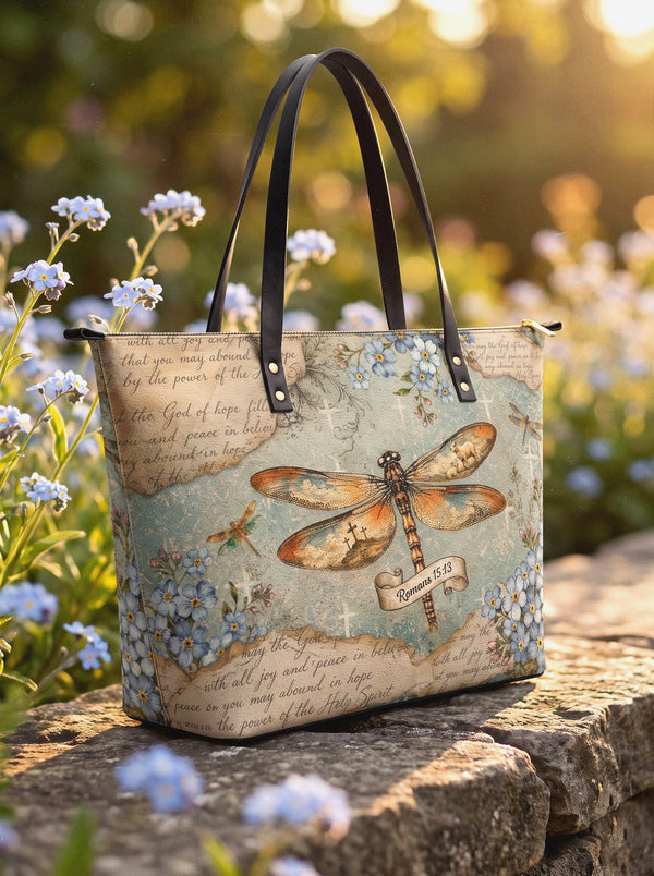 Hope Rising Romans 15:13 Leather Tote Bag