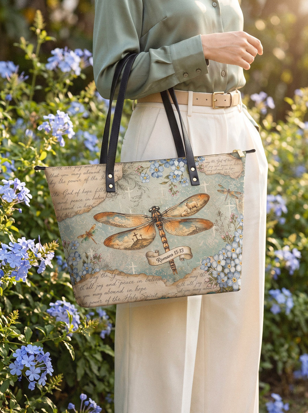 Hope Rising Romans 15:13 Leather Tote Bag