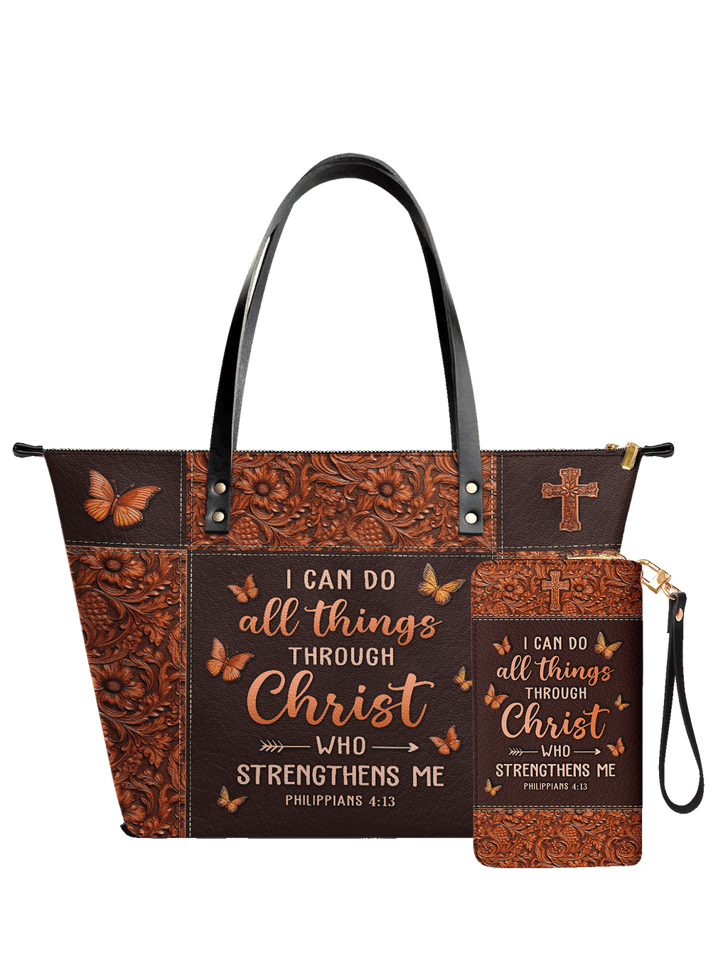 Believe Philippians 4:13 Leather Tote Bag