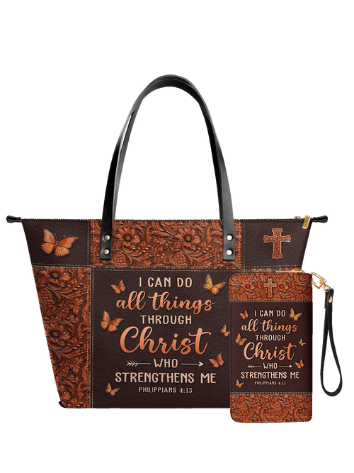 Believe Philippians 4:13 Leather Tote Bag