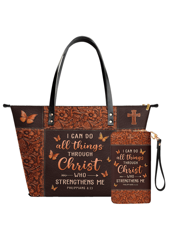 Believe Philippians 4:13 Leather Tote Bag
