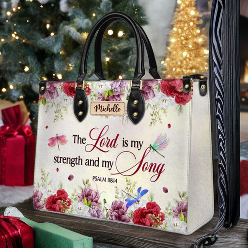 Psalm 118:14 Dragonfly Floral Leather Tote Bag