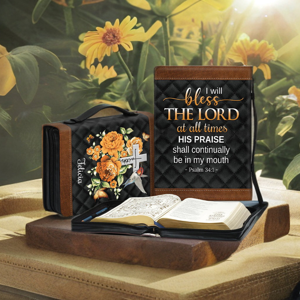 Personalized Psalm 34:1 Floral Bible Cover