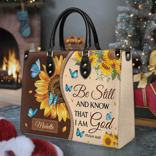 Psalm 46:10 Sunflower Butterfly Leather Tote