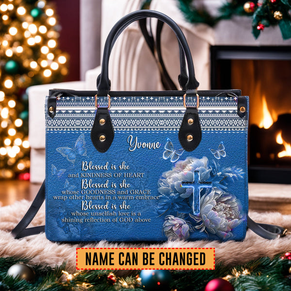 Blessed Is She Personalized Blue Leather Handbag