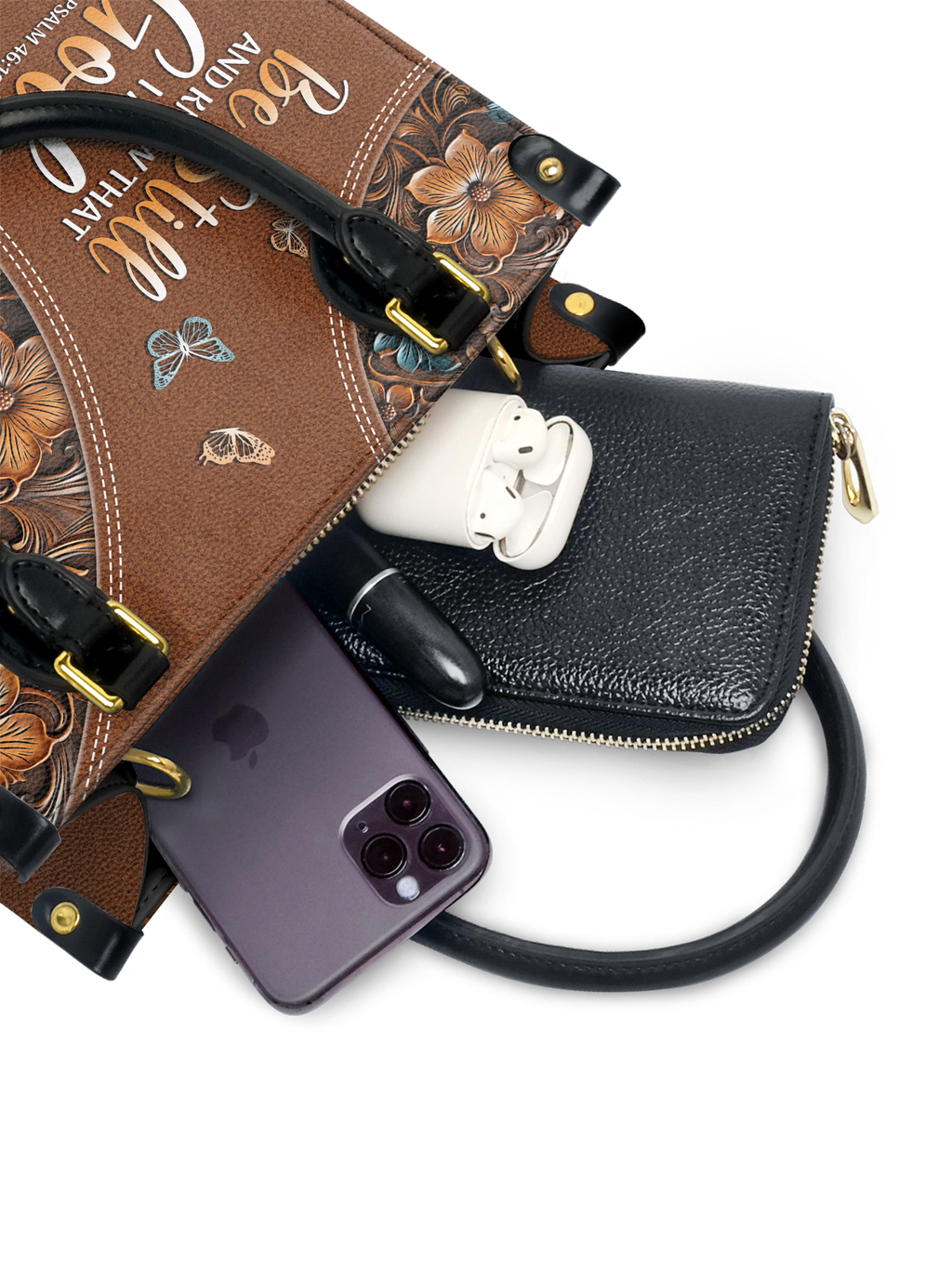 Stillness Psalm 46:10 Small Leather Handbag