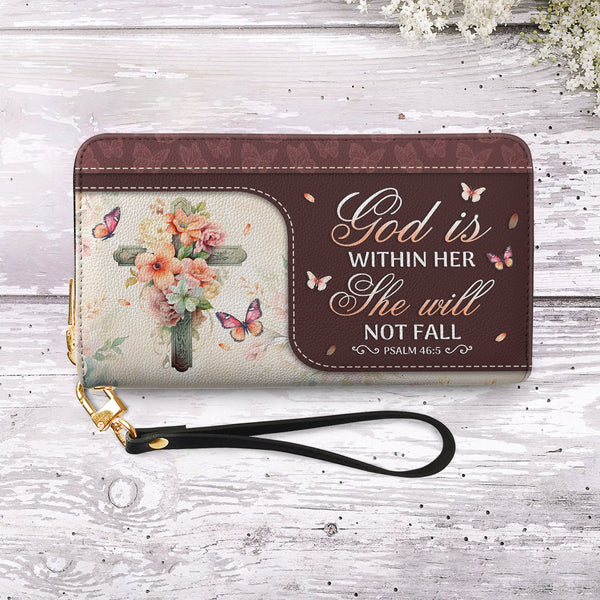 Faith Cross Butterfly Leather Zip Around Wallet