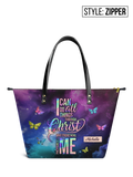 Philippians 4:13 Butterfly Galaxy Leather Tote Bag