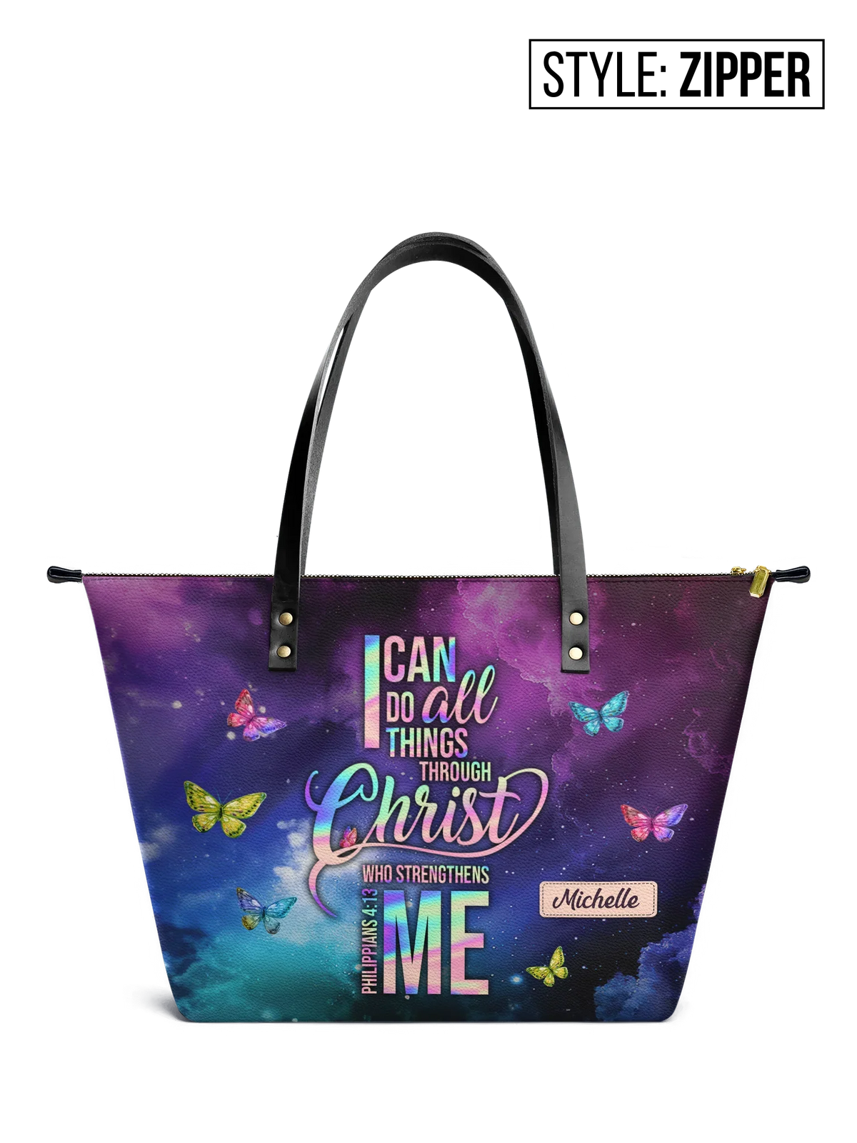Philippians 4:13 Butterfly Galaxy Leather Tote Bag