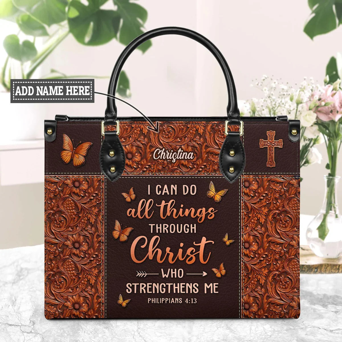 Philippians 4:13 Butterfly Leather Handbag