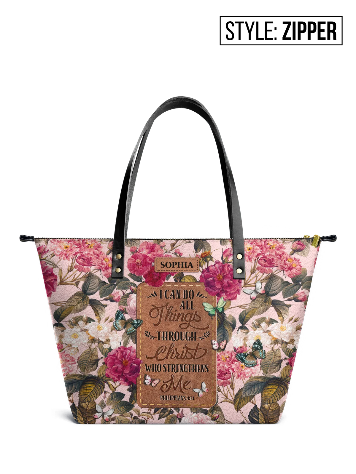 Philippians 4:13 Floral Leather Tote Bag