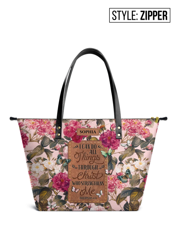 Philippians 4:13 Floral Leather Tote Bag