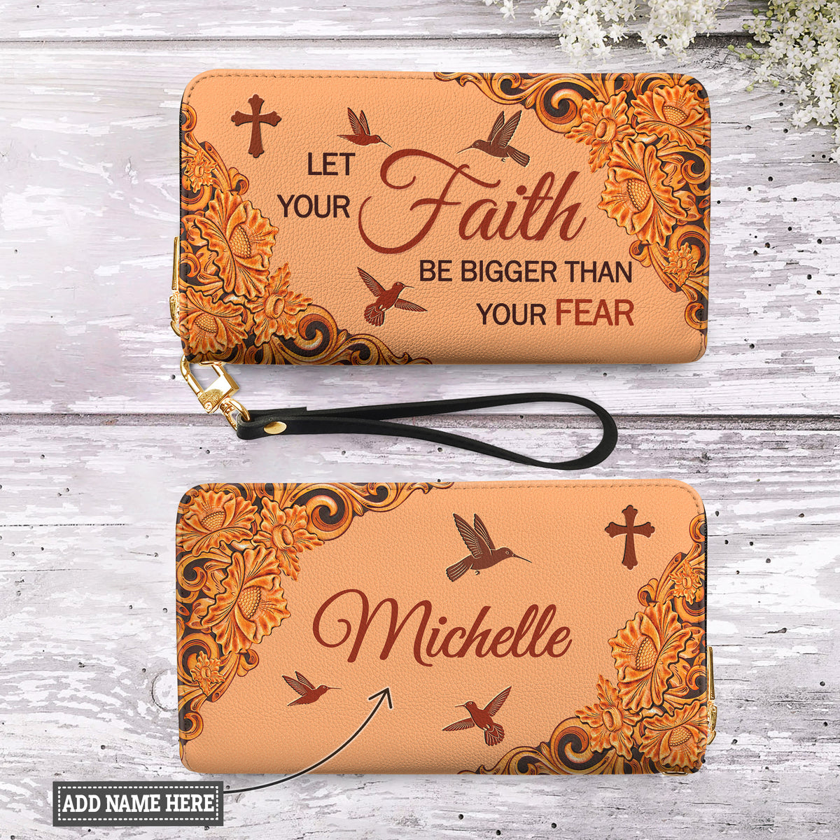 Hummingbird Faith Carved Leather Zip-Around Wallet