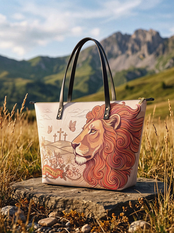 Lion of Judah Joshua 1:9 Leather Tote Bag
