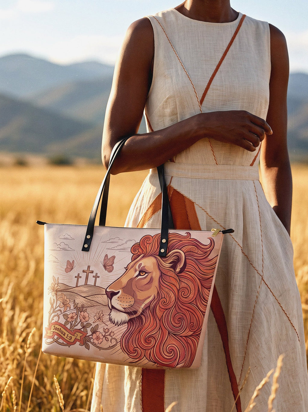 Lion of Judah Joshua 1:9 Leather Tote Bag