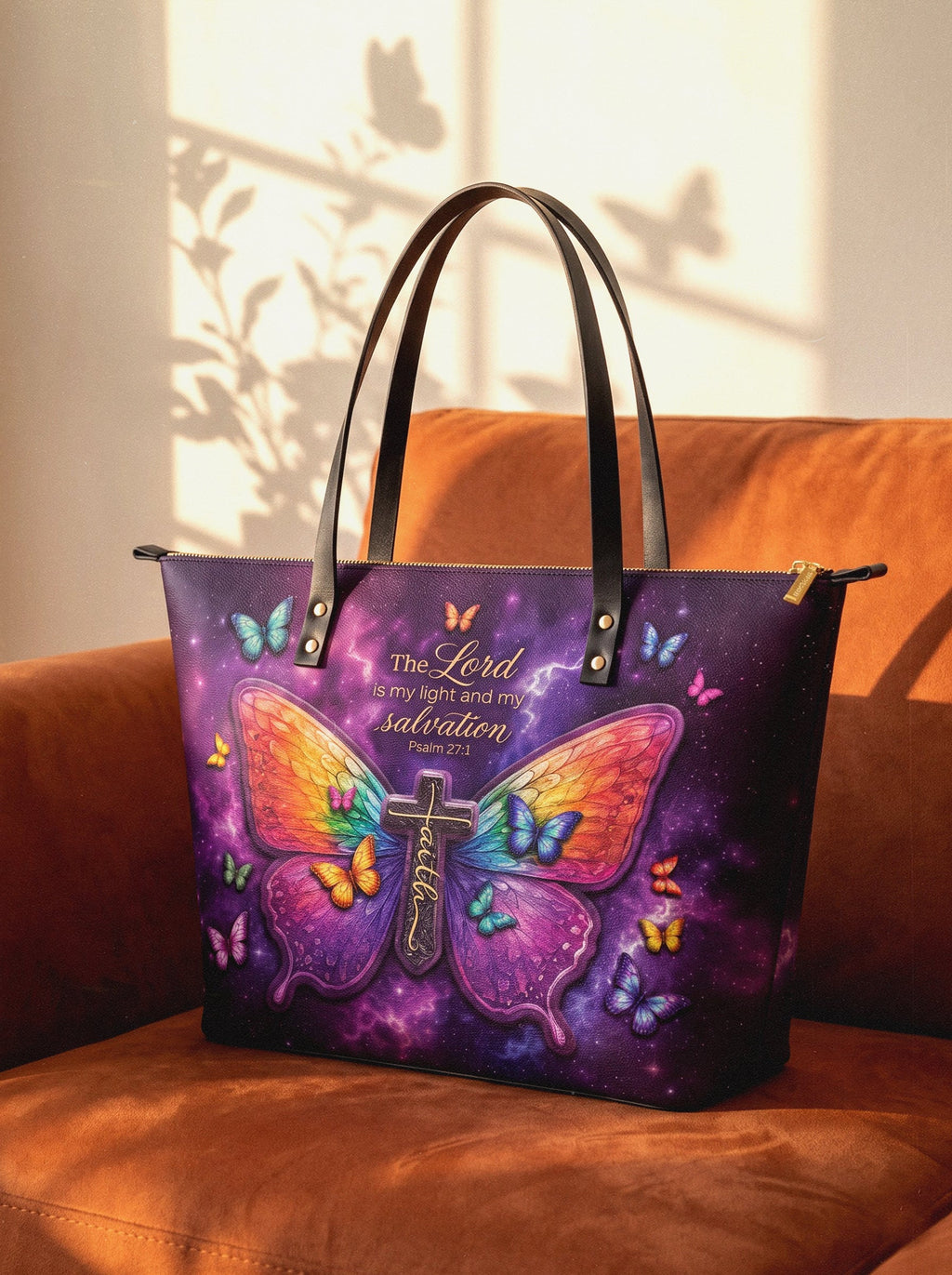My Light Psalm 27:1 Leather Tote Bag