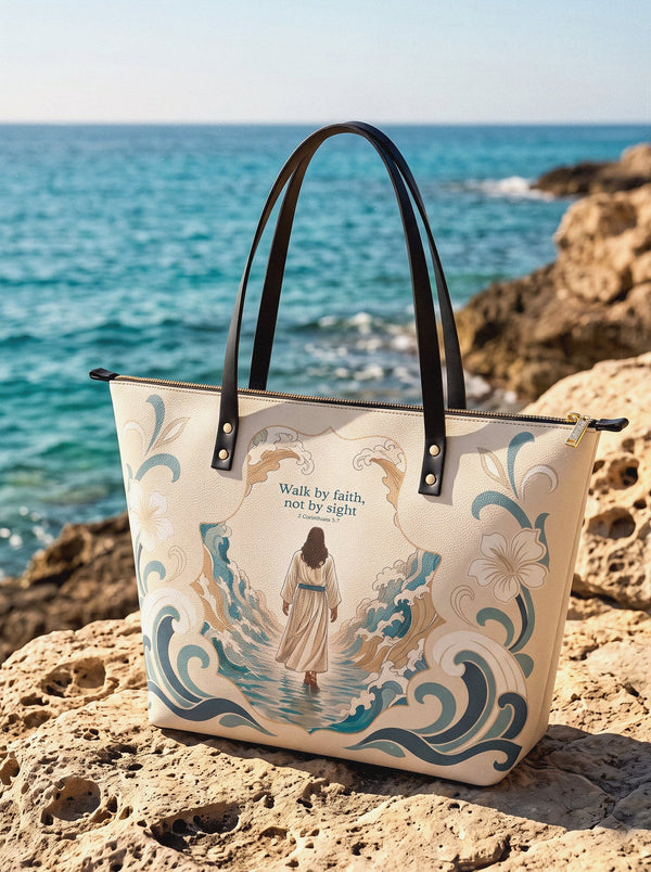 Walk By Faith Bible Verse Leather Tote Bag