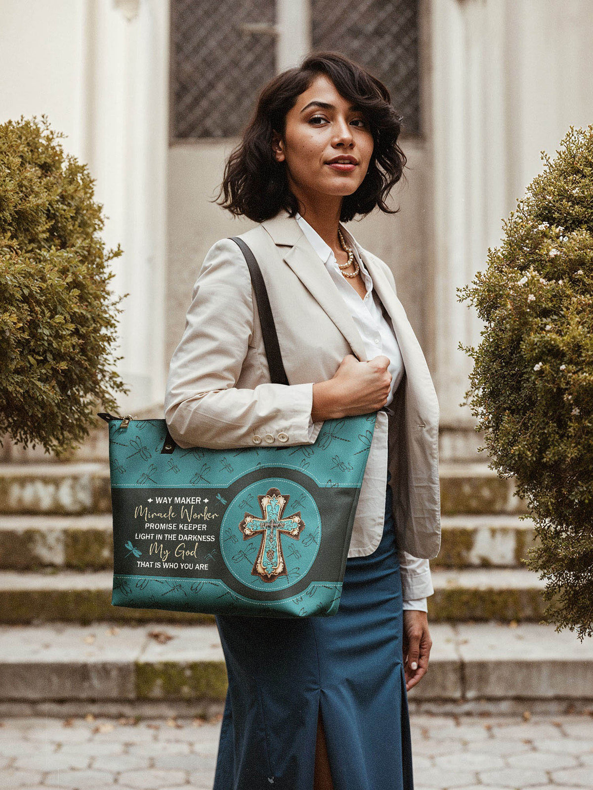Coastal Lighthouse Leather Tote Bag