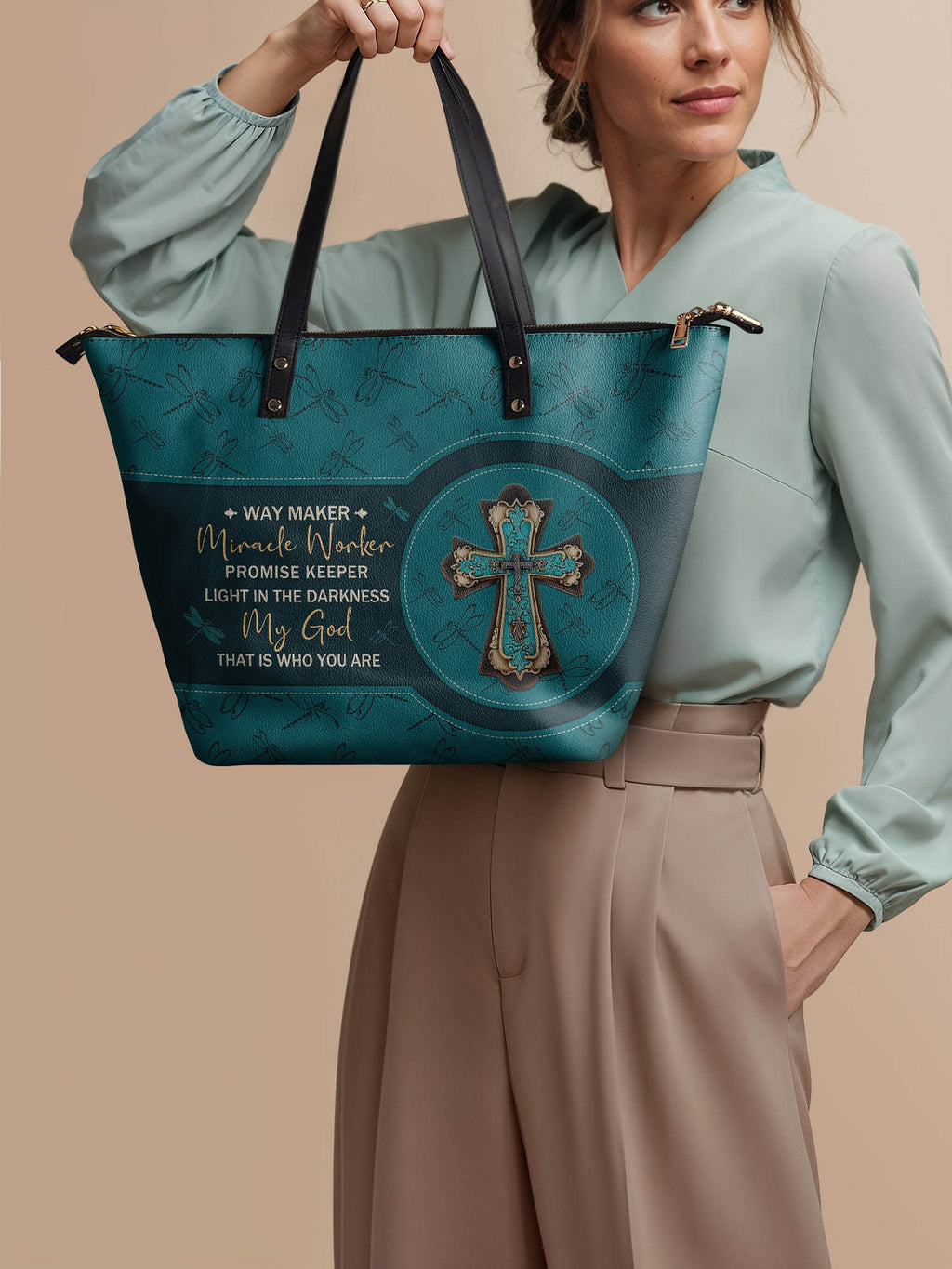 Nautical Lighthouse Leather Tote Bag